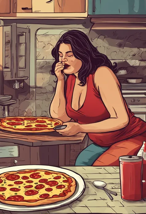 an obese woman sitting on the kitchen floor, cercado de comida, comendo uma fatia de pizza, com um olhar triste no rosto