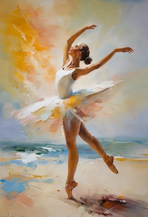 "A girl gracefully dancing ballet on a sandy beach, dressed in a flowing white tutu skirt." Razumov Konstantin