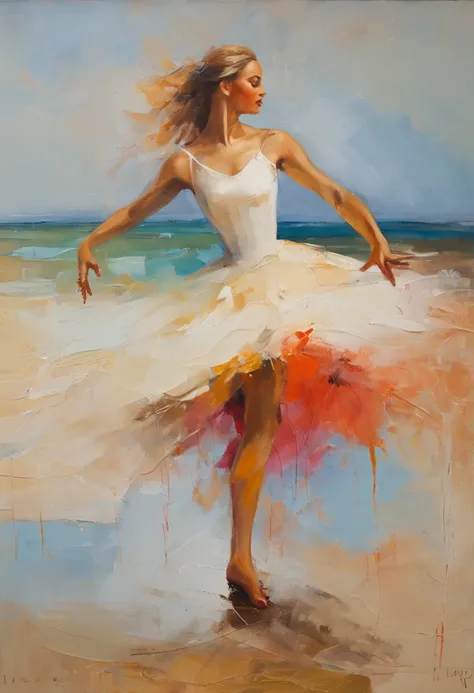 "A girl gracefully dancing ballet on a sandy beach, dressed in a flowing white tutu skirt." Razumov Konstantin