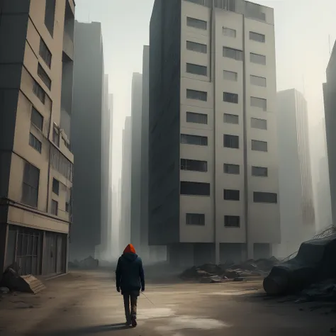 Man walking in a hoodie in dystopian environment