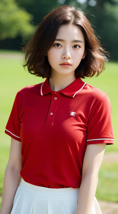 1 Same girl , 韓国アイドル, Baby face ,17 years old , Red polo shirt, Short hair ,Curling perm， Body Athletics , Highly detailed portraits with bokeh effect , Realistic lighting , Background where you can feel nature, full body photographed , Brown eyes，Slightly...