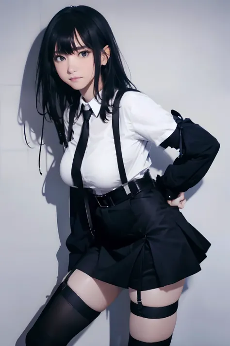 a black skirt, neck tie, Cutter shirt　suspenders, Long Black Hair, Gray eyes, holster, Garter belt on the legs, , Big breasts, Pichi Pichi clothes, both sides　deadpan　Behind