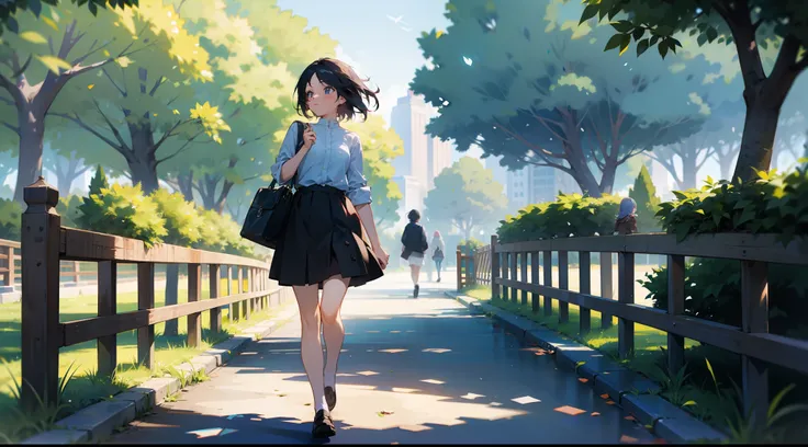 A lovelorn girl walks in the park