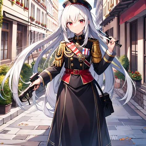 Military, 1girll, Solo, standing, Very long hair, (Messy hair:1.3) White hair, Red eyes, Thin stature, bangs, hair between eye, , (With a Gauss rifle), Baumans Wehrmacht, ,  (Street background in Germania),Super Empire, Flag of Greater Germania, (Germanic ...