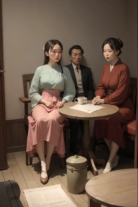 3 men and 3 women wore clothes from the period of the Chinese War of Resistance Against Japan，Sitting at a table in a room playing script kill