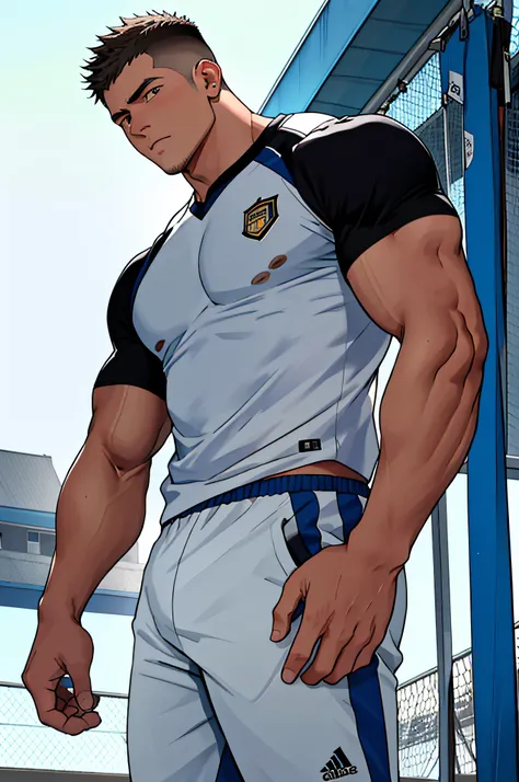 Draw a full-fledged athlete，Stand on the central field of the gym，He wears high-end sportswear，The man looks confident and determined，looking-down，Crew cut，full bodyesbian，shooting from below，