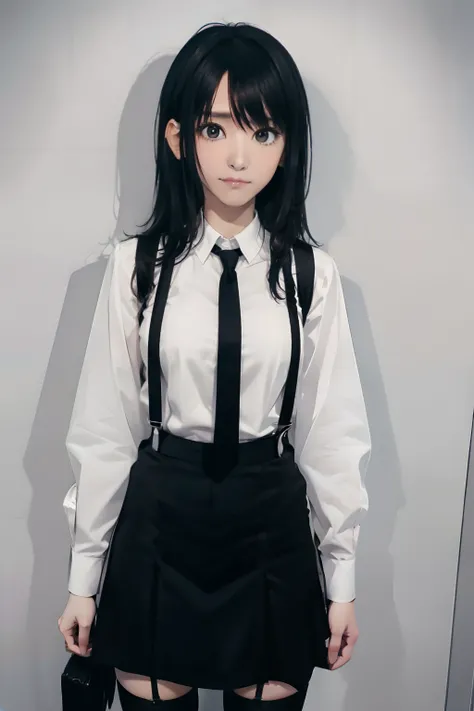 a black skirt, neck tie, Cutter shirt　suspenders, Long Black Hair, Gray eyes, holster, Garter belt on the legs, , Big breasts, Pichi Pichi clothes, both sides　deadpan　Behind