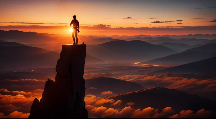 Scene of the setting sun，silhouette of a man，Climbing，Inspirational，Beautiful，Orange style tone，The whole picture is beautiful，dream magical