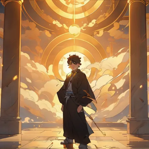 ，（tmasterpiece：1.2），best qualityer，PIXIV，Taoist， A boy standing in front of a yellow pillar of light，cleanness，