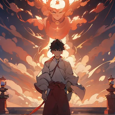 ，（tmasterpiece：1.2），best qualityer，PIXIV，Taoist， A thin boy standing in front of a red pillar of light，cleanness，