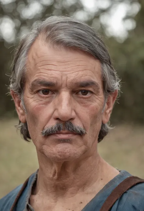 fotografia de retrato, foto de rosto de uma mistura entre um padre e um treinador pokemon de 50 anos, Enrugada, olhares revoltantes, Cabelo curto de sal e pimenta, cavanhaque, Serious expression, roupas de pastor de fantasia medieval, em um campo medieval,...