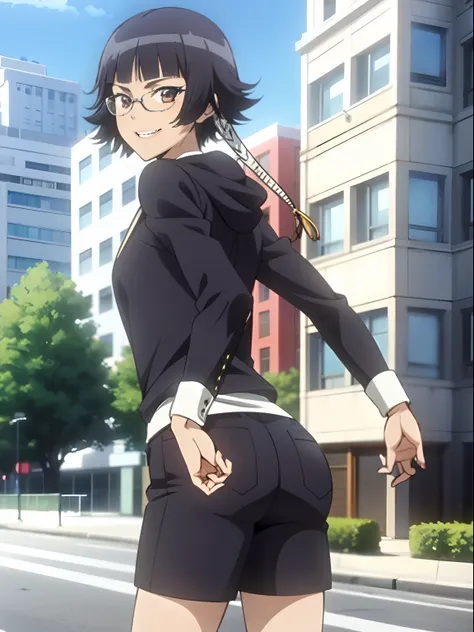 ( anime screencap:1.1),outdoors, 
1girl, solo, black hair, short hair with long locks, short hair, small breasts, (brown eyes:1.1),low twin braids,cowboy shot, facing viewer, looking at viewer, smirk,hoodie, bare legs, shorts,hands in pockets, walking,city...