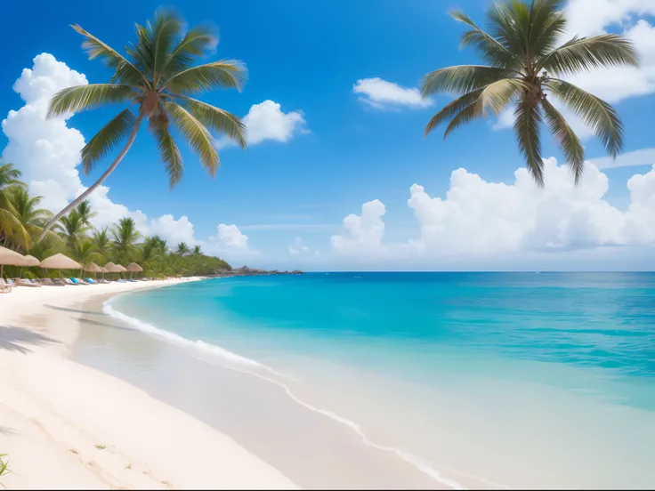 Top image quality、Mare、Palm trees、Crystal clear waves、Blue and white parasol、cocktails、sand beach、seashells