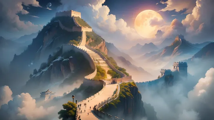 ((Magnificent+Magnificent):1.5),(Gracefully flying+The dragon is in the sky),(Qin dynasty moon+The Great Wall of Han Dynasty),(Long march),(Unreturned),(Huma Yin Mountain:0.8)，16:9 aspect ratio。