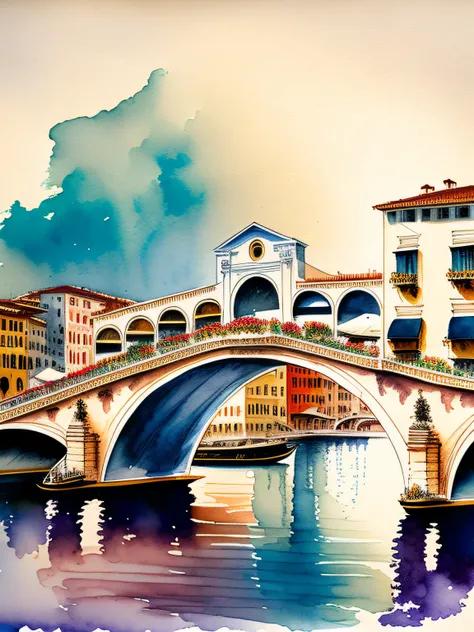 Rialto Bridge，Line drawings，a color，Flat coating，vectorial art，watercolour painting style，The colors are colorful，High color saturation，showy