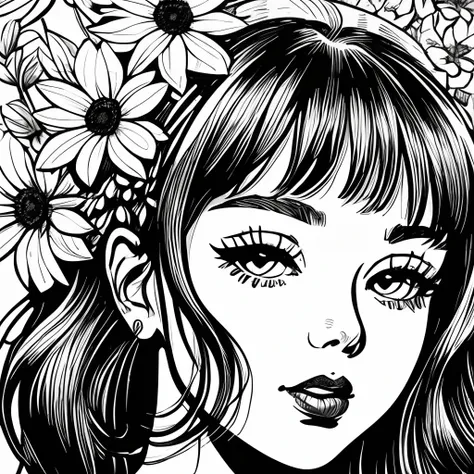 Black and white stick figure 1 girl with sun flowers in background, loli in dress with flowers, its fine ink line art, comic style, portrait of polynesian girl, Marilyn Munroe, Hollywood glam, beautiful line art, black and white comic style, manga style, m...