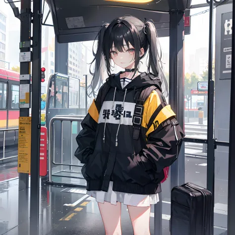 very heavy rain，Two people，Earphone，teens girl，long  white hair，black hair pigtails，Bus stop，Put your hands in your pockets，Eat