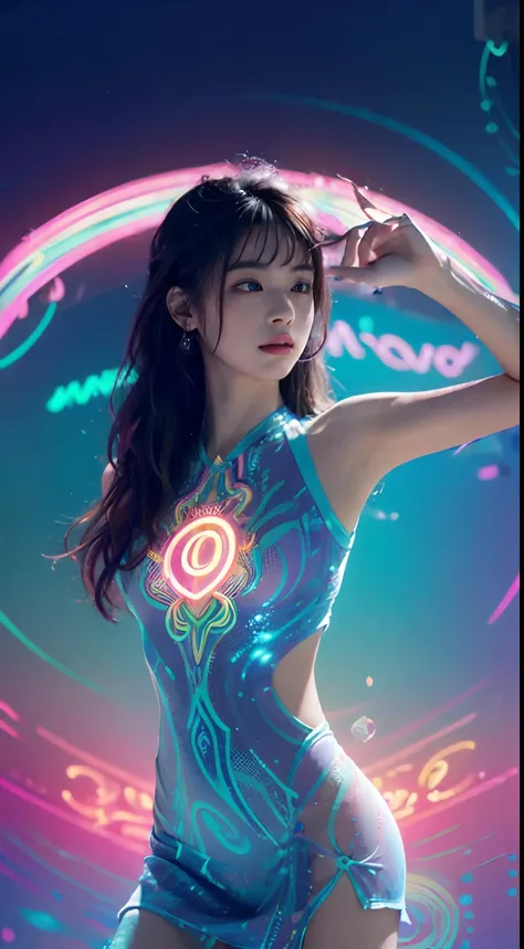 (Masterpiece, Top quality, Best quality, offcial art, Beautiful and aesthetic:1.2), (1girll:1.3), Extremely detailed,(Fractal art:1.2),Colorful,highest details,( Zen neon:1.2), (Dynamic pose), (Abstract background neon lights:1.5), (Trident dress:1.2), (Sh...