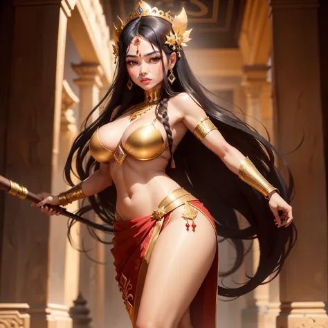 Female Khmer warrior, long black hair, dark brown tanned, Armour on, bangles, Angkor temple, full body, holding weapon, sexy tied hair up, crowd on the head, wearing jewelry, Sak yant tattoos on the arm, curvy body, wear white, red and gold sarong outfits,...