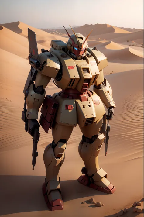 Gundam Mecha, Zaku, robot, mecha, mono eye, khaki and brown colors, full body, Standing on the desert, masterpiece, super detail, best quality