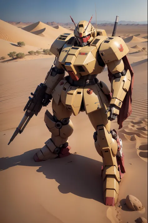 Gundam Mecha, Zaku, robot, mecha, mono eye, khaki and brown colors, full body, Standing on the desert, masterpiece, super detail, best quality