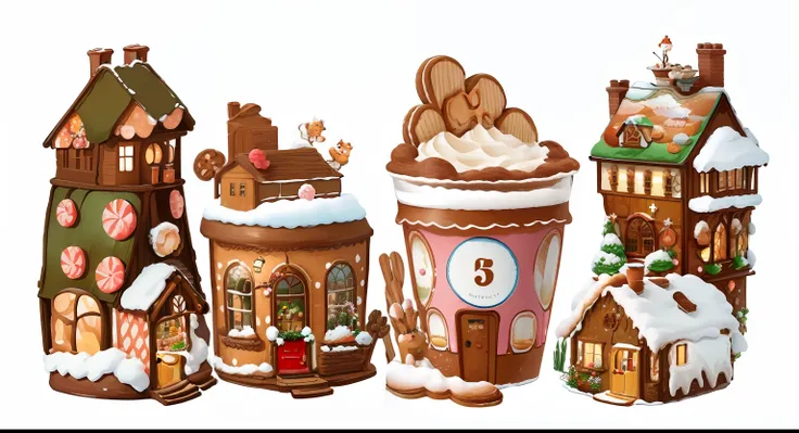 There were three cups of coffee and different types of biscuits, Gingerbread Candy Village, delicacy, author：Jeka Kemp, Gingerbread Man, illustrated in whimsical style, seasons!! : 🌸 ☀ 🍂 ❄, author：Judith Brown, illustrated!!, illustration!, 🪔 🎨;🌞🌄, warm, c...