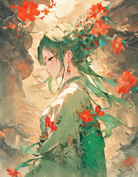 There was a woman in ancient China, sitted，Turn your back to the audience，There are tattoos on the bare shoulders，Red and blue-green flowers, ukiyo-style, Guviz-style artwork, Guviz, Alphonse mucha and rossdraws, A beautiful artwork illustration, By Li Son...