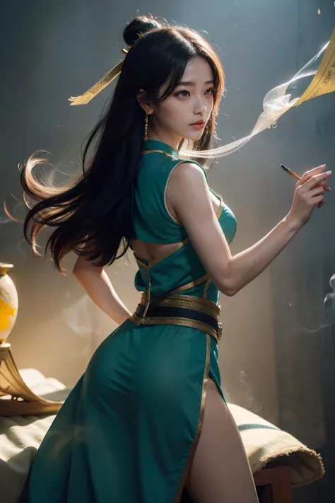 1girl，Dunhuang flying costume，Long messy hair，JI Jian，Dunhuang style，A lot of smoke，exquisite，elegant colors，（realisticlying，high detal，tmasterpiece，ultra - detailed，dynamic angle，Mural background，water ink，astounding，cinmatic lighting，illustratio，lightand...