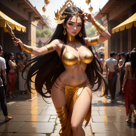 Female Khmer warrior, long black hair, dark brown tanned, Armour on, bangles, Angkor temple, full body, holding weapon, sexy tied hair up, crowd on the head, wearing jewelry, Sak yant tattoos on the arm, curvy body, wear white, red and gold sarong outfits,...