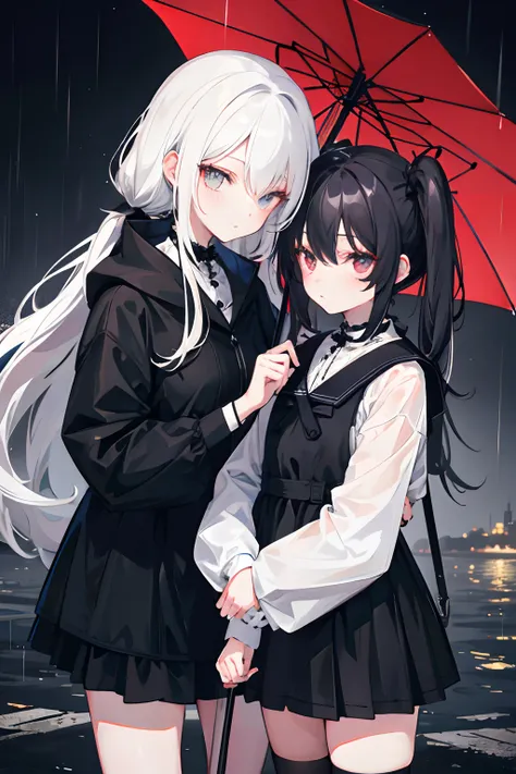 2girl，very heavy rain，Nocturnal，Umbrella in hand，black pigtails，long  white hair，