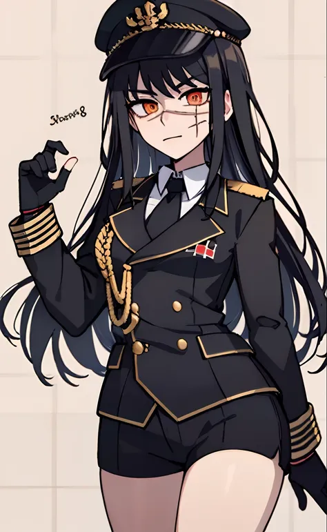 (masterpiece, best quality: 1.2), Solo, 1girl, Yoru (Chainsaw Man), looking at the viewer, different poses, red eye, long hair, completely black hair, reference to clothing of a German WWII general, black long sleeves (best quality), scar on face, beautifu...