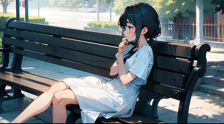 A lovelorn girl sits on a bench