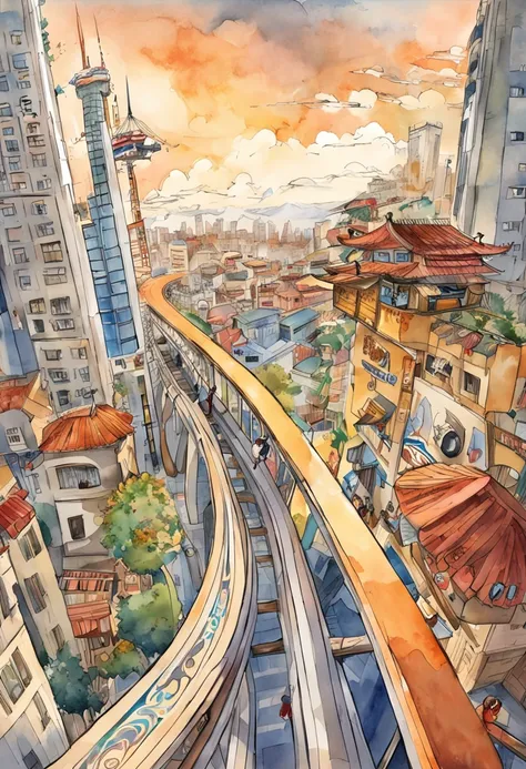 A girl stands on a skateboard，Fly in the air，Overlooking the city，There are rollercoaster tracks around the city。Presents a worm-eye perspective，Based on the works of Eiichiro Nakaoda of the shōnen weekly《one piece》The cover art style is style。