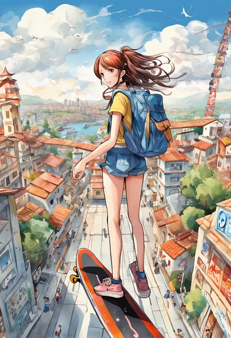 A girl stands on a skateboard，Fly in the air，Overlooking the city，There are rollercoaster tracks around the city。Presents a worm-eye perspective，Based on the works of Eiichiro Nakaoda of the shōnen weekly《one piece》The cover art style is style。