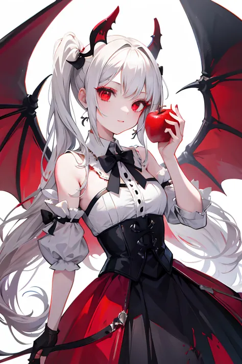 1girl，Vampires，white Pigtail，Blood red eyes，Nibble on apples，With wings，Inside the castle