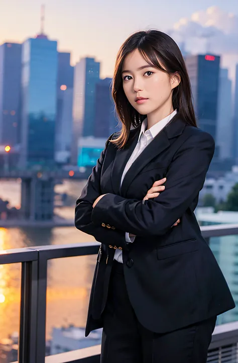 1girl,solo, parted lips,  office lady, business suit ,
skyline, cloud,sunset, arms behind head, looking at viewer,