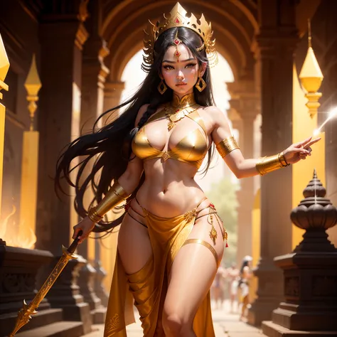 Female Khmer warrior, long black hair, dark brown tanned, Armour on, bangles, Angkor temple, full body, holding weapon, sexy tied hair up, crowd on the head, wearing jewelry, Sak yant tattoos on the arm, curvy body, wear white, red and gold sarong outfits,...