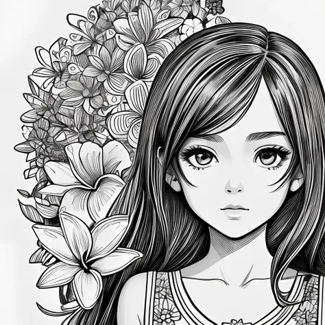 Black and white stick figure 1 girl with frangipani flower in background, loli in dress with flowers, its fine ink line art, comic style, portrait of ploynesian girl, Marilyn Munroe, Hollywood glam, beautiful line art, black and white comic style, manga st...