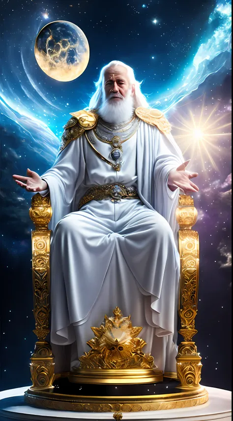 super high resolution, best quality, photo, 16k, (photorealistic: 1.2), cinematic lighting, An old man in the shape of a mythical god. Depict the god holding the sun and moon, enveloped by a radiant aura. Seat them on a magnificent throne within a cosmic b...