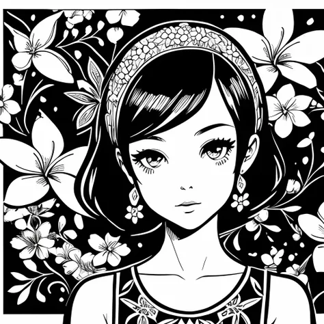 Black and white stick figure 1 girl with frangipani flower in background, loli in dress with flowers, its fine ink line art, comic style, portrait of ploynesian girl, Marilyn Munroe, Hollywood glam, beautiful line art, black and white comic style, manga st...