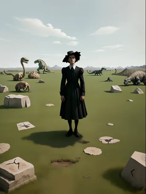 On the grass，Scattered dinosaur fossils，White bones，Heads-up，The perspective is correct，Realiy，Photographic works，Farewell to the middle view，A man in a black gauze dress stands in the middle