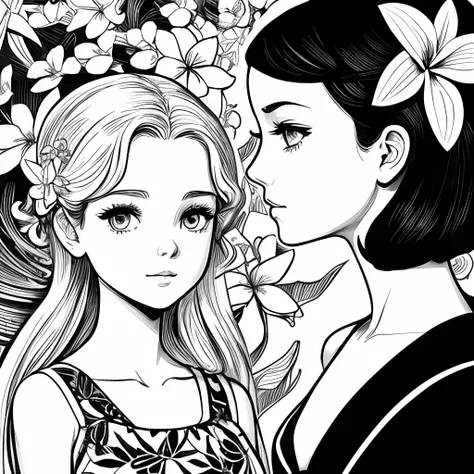 Black and white stick figure 1 girl with frangipani flower in background, loli in dress with flowers, its fine ink line art, comic style, portrait of ploynesian girl, Marilyn Munroe, Hollywood glam, beautiful line art, black and white comic style, manga st...