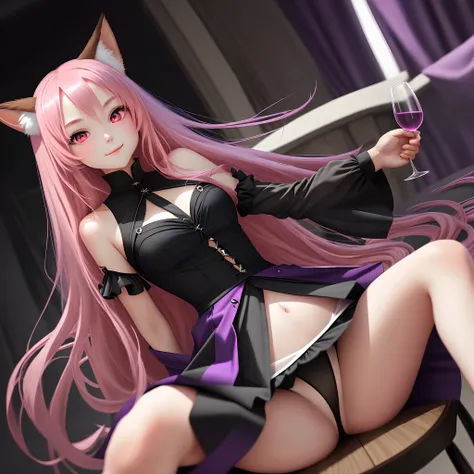 girl with fair skin，Long pink hair，a purple eye，foxears，ssmile，shift dresses，Black panty，Sat down，Spread your legs apart，Lift the skirt with one hand，Hold a wine glass in one hand，blacksilk