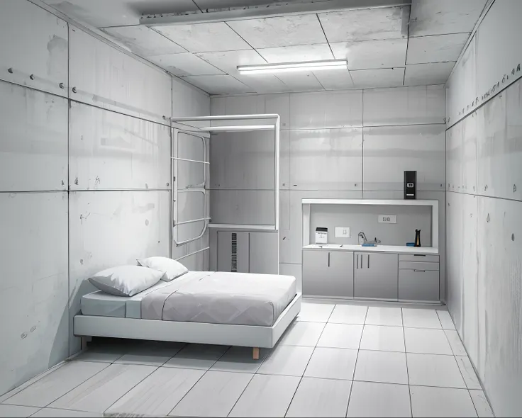 There is a bed in a room with a white wall, Claustrophobic room, in a small prison cell, prison cell, interior de uma pequena sala, Sterile minimalist room, Futuristic room, interior de um pequeno, dentro da sala branca, fundo futurista do quarto, in a pri...