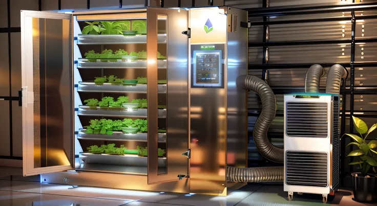 futuristic ((aluminum)) hydroponic Indoor weed ((grow box)) cabinet on a ((industrial warehouse)), grow cabinet with a touch screen and a separate (air filtering) hose system at its right, grow cabinet with (plants) inside, hydroponic grow cabinet, (((six ...