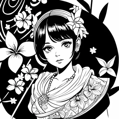 Black and white stick figure 1 girl with frangipani flower in background, loli in dress with flowers, its fine ink line art, comic style, portrait of ploynesian girl, Marilyn Munroe, Hollywood glam, beautiful line art, black and white comic style, manga st...