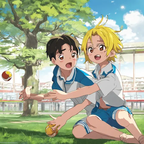 ，（tmasterpiece：1.2），best qualityer，Pisif，Taoist， A couple of children playing ball in the field, from yowamushi pedal, um dia ensolarado, On a sunny day, Todays featured anime stills, sunny day time, official fanart, Sunny day, opening scene, Ghibli is col...