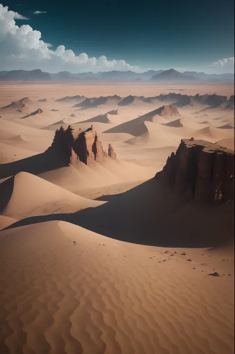 Im in the middle of a vast desert，In front of you are endless sand dunes and peaks。The dunes soar into the clouds，Some even reach a height of hundreds of meters。The peaks are like some protruding peaks，Shapes vary，Some are like green gemstones inserted bet...