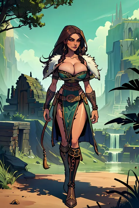 (masterpiece, top quality, best quality, official art, beautiful and aesthetic:1.2), (1girl:1.3), dark brown hair pulled back, in an untidy mane, braids, extremely detailed, portrait, looking at viewer, solo, (full body:0.6), detailed background, close up,...