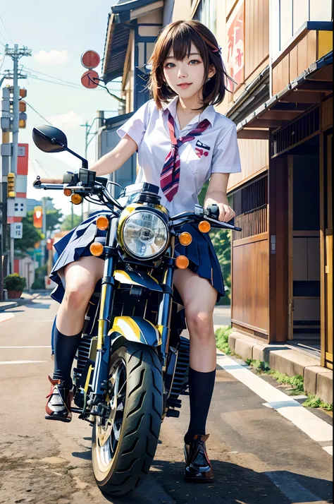 Japan woman in uniform sitting on motorcycle, Riding a motorcycle, Seifuku, sitting on a motorcycle, japanese girl school uniform, Japan school uniform, beautiful anime high school girl, wearing japanese school uniform, motor cycle, riding on motorcycle, S...